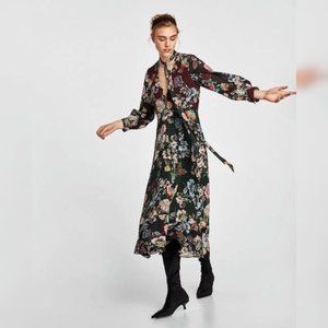 ZARA Womens V Neck Tie Floral Print Long Sleeve Ruffled Chiffon Dress Size XS